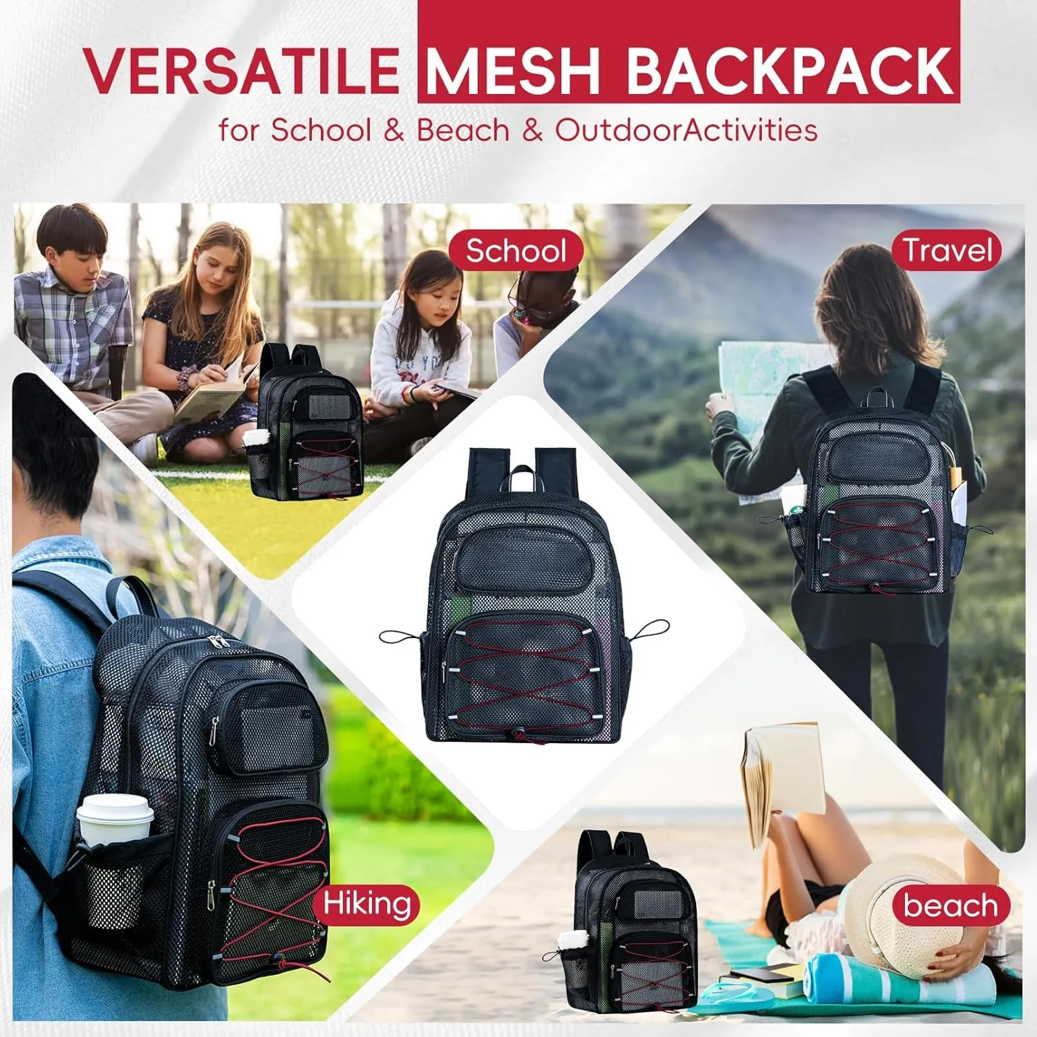 Large Mesh Backpack for School 17.4" *13" Heavy Duty, See Through Stylish Backpack for Girls Boys Student Beach Travel Hiking Outdoor (Bordeaux)