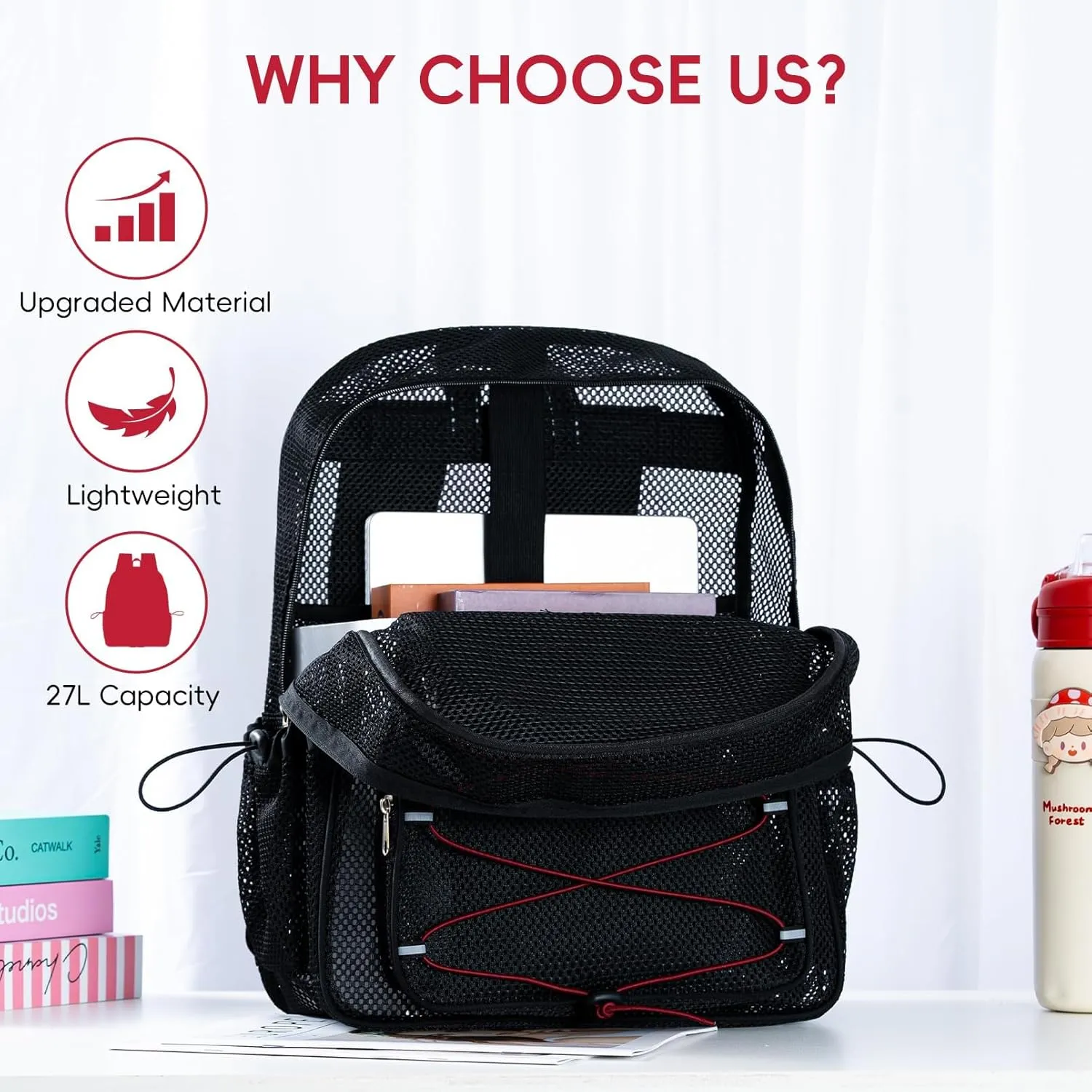 Large Mesh Backpack for School 17.4" *13" Heavy Duty, See Through Stylish Backpack for Girls Boys Student Beach Travel Hiking Outdoor (Bordeaux)