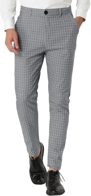 Lars Amadeus Men's Business Pants Checked Printed Slim Fit Flat Front Plaid Dress Trousers