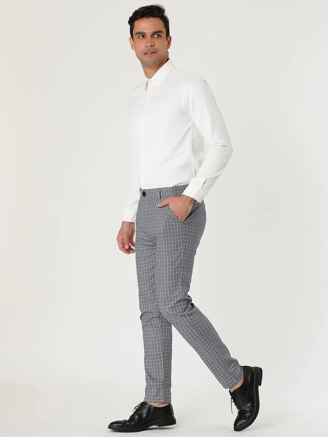 Lars Amadeus Men's Business Pants Checked Printed Slim Fit Flat Front Plaid Dress Trousers