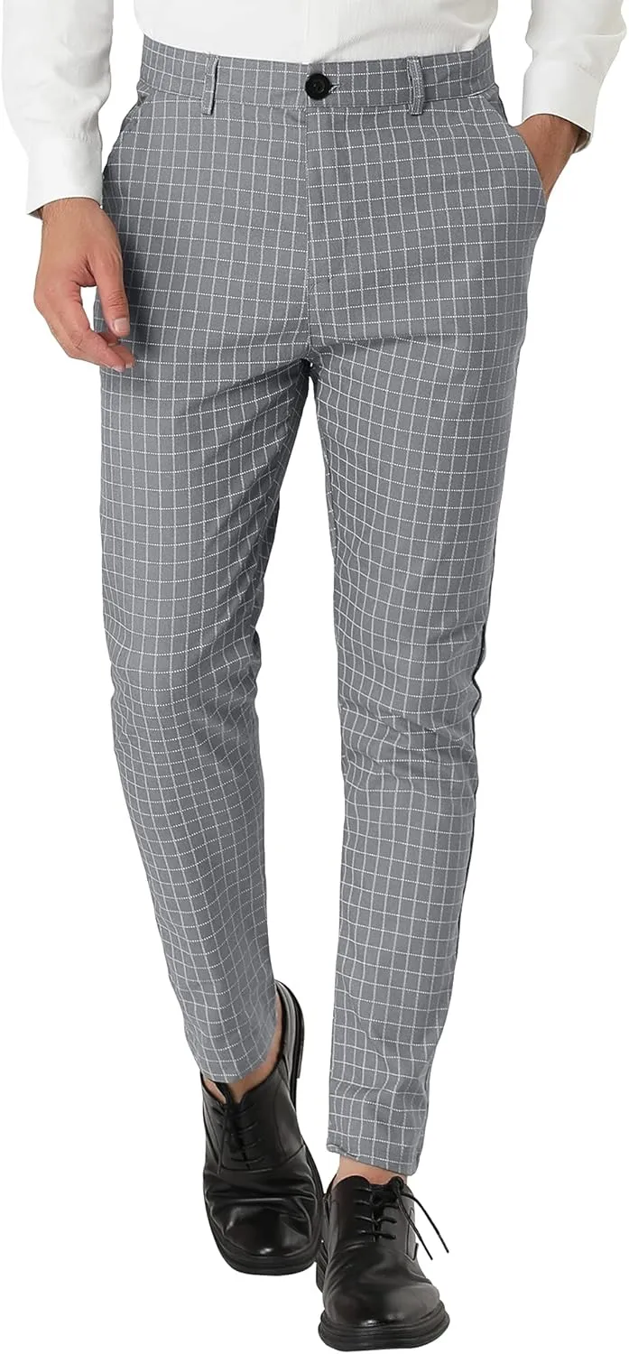 Lars Amadeus Men's Business Pants Checked Printed Slim Fit Flat Front Plaid Dress Trousers