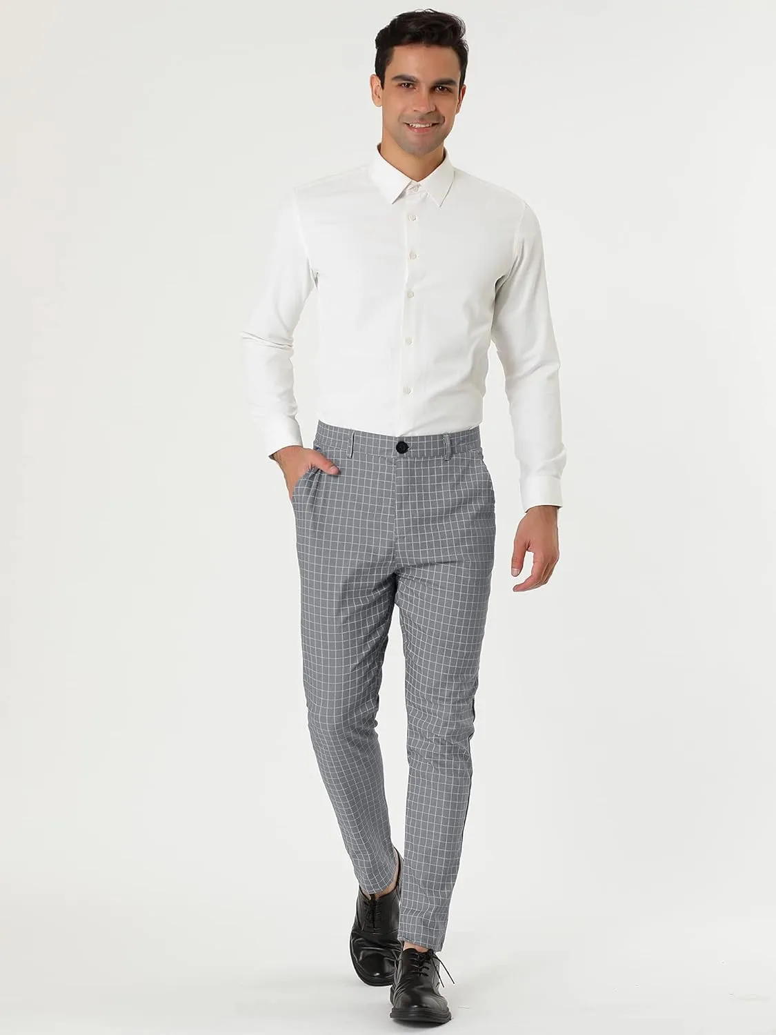 Lars Amadeus Men's Business Pants Checked Printed Slim Fit Flat Front Plaid Dress Trousers