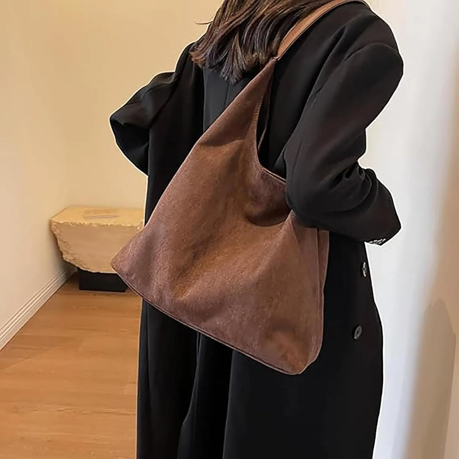 Leather Hobo Bags for Women Suede Purse Slouchy Tote Bag, Brown Leather Purse Suede Hobo Shoulder Bag,Brown