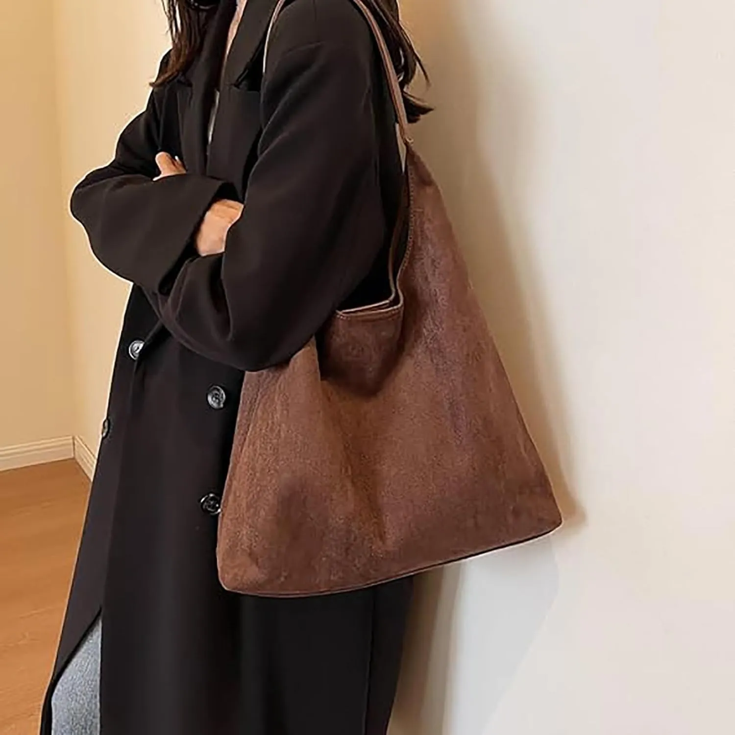 Leather Hobo Bags for Women Suede Purse Slouchy Tote Bag, Brown Leather Purse Suede Hobo Shoulder Bag,Brown