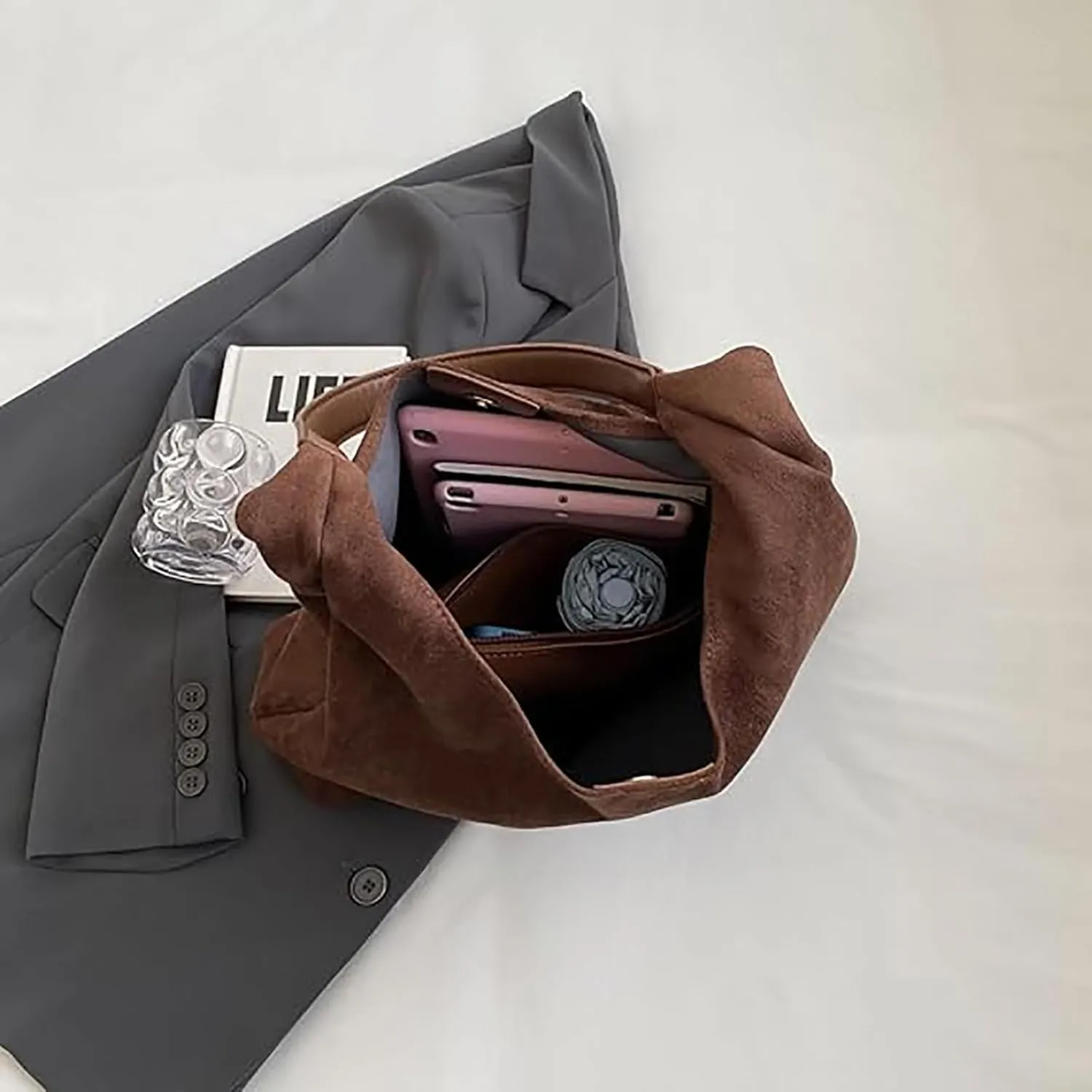 Leather Hobo Bags for Women Suede Purse Slouchy Tote Bag, Brown Leather Purse Suede Hobo Shoulder Bag,Brown