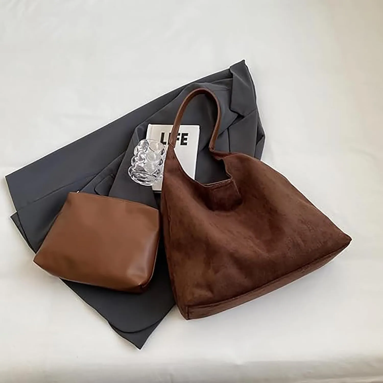 Leather Hobo Bags for Women Suede Purse Slouchy Tote Bag, Brown Leather Purse Suede Hobo Shoulder Bag,Brown