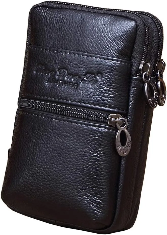 Leather Phone Belt Holster Waist Case Bag for Men Travel Outdoor Camping Cell Phone Loop Pouch Pack Purse Wallet Holder (Black)