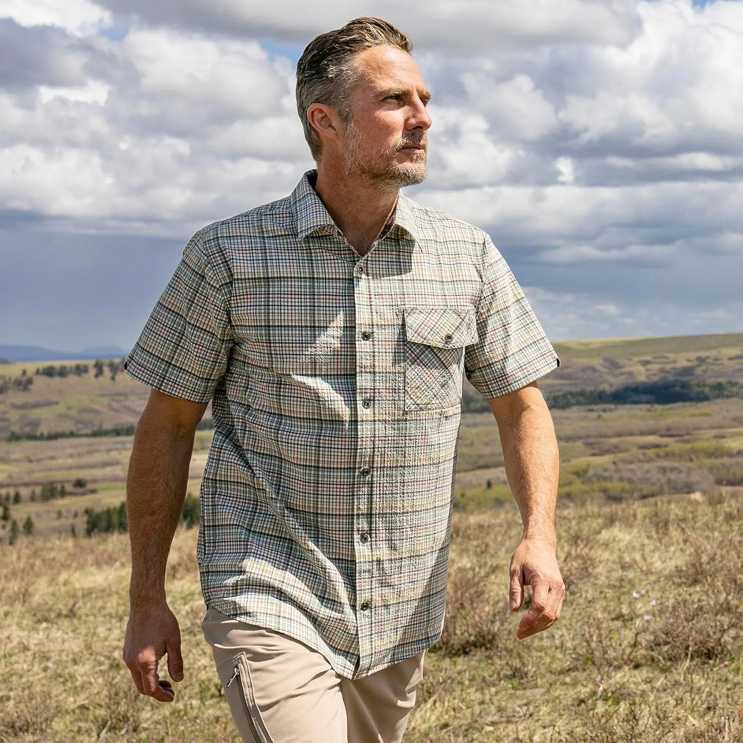 Legendary Whitetails Men's Stretch Woven Plaid UPF 30  Uv Moisture Wicking Short Sleeve Shirt