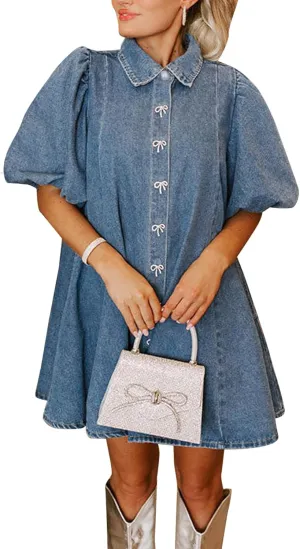 LifeShe Women Short Sleeve Denim Dress Babydoll Mini Jean Dress Button Down Party Dress with Bow Decor