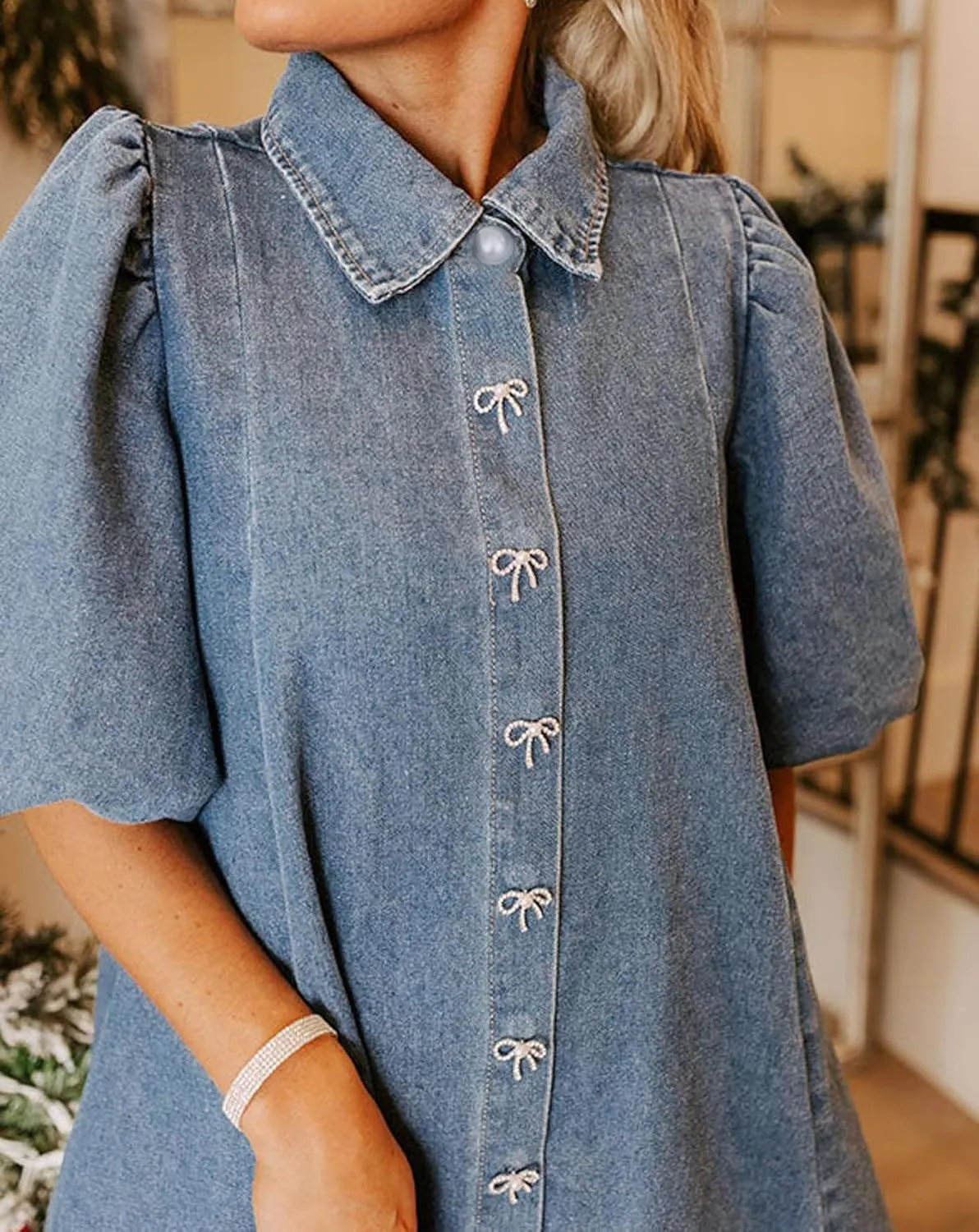 LifeShe Women Short Sleeve Denim Dress Babydoll Mini Jean Dress Button Down Party Dress with Bow Decor