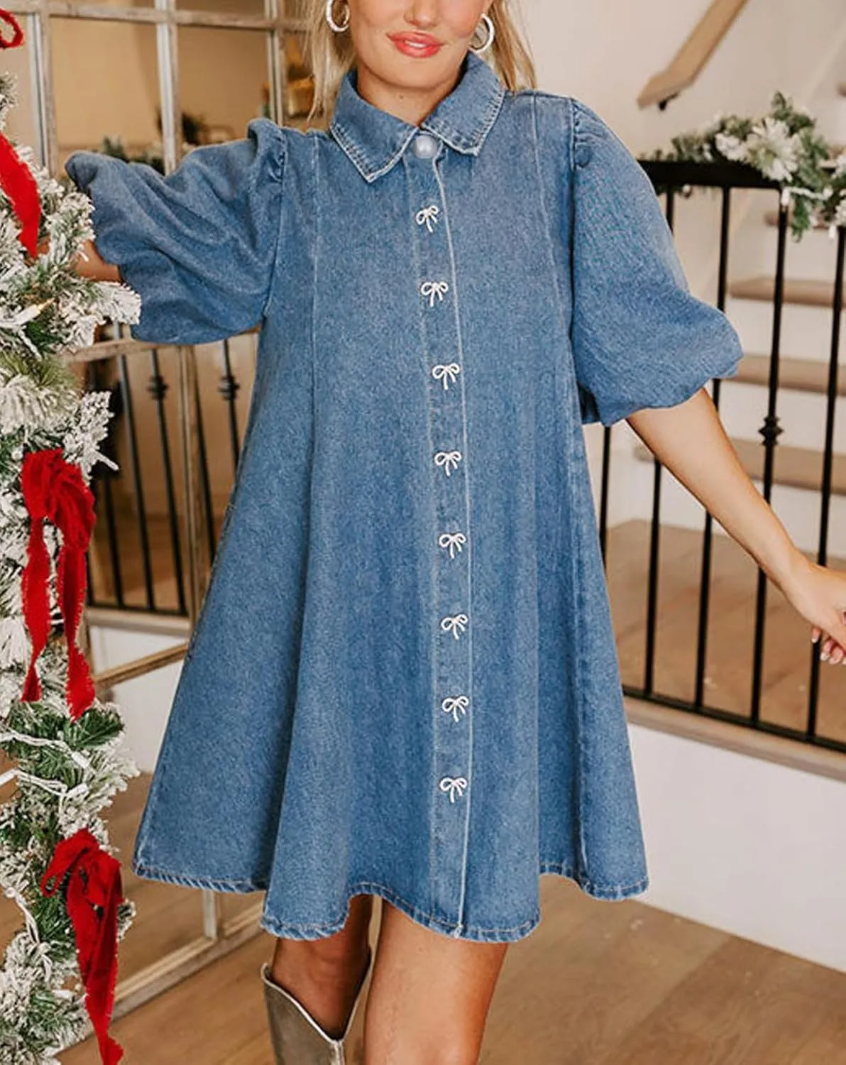 LifeShe Women Short Sleeve Denim Dress Babydoll Mini Jean Dress Button Down Party Dress with Bow Decor