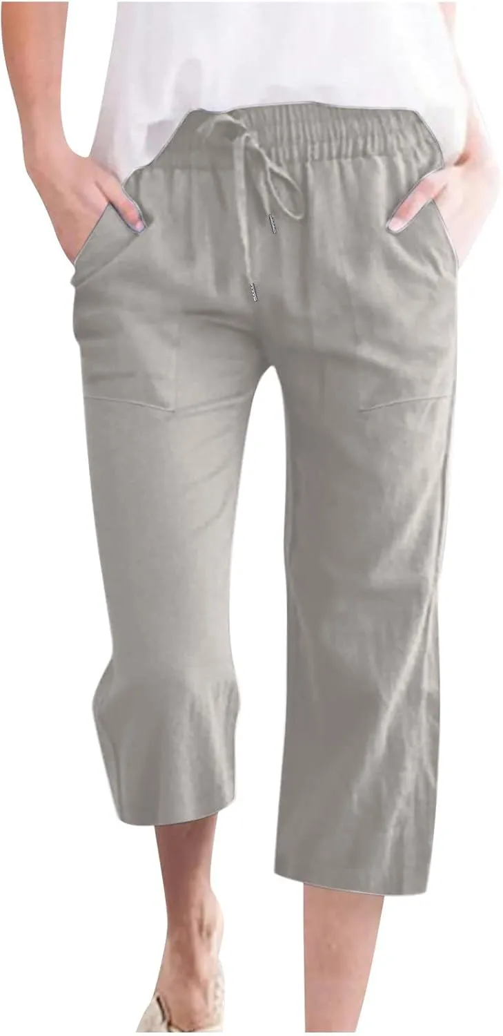 Linen Capri Pants for Women Casual 2025 Summer Drawstring Elastic High Waist Capris Wide Leg Cropped Trousers