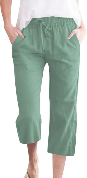 Linen Capri Pants for Women Cotton Lounge Summer Capris Drawstring High Waist Pant Wide Leg Cropped Trousers