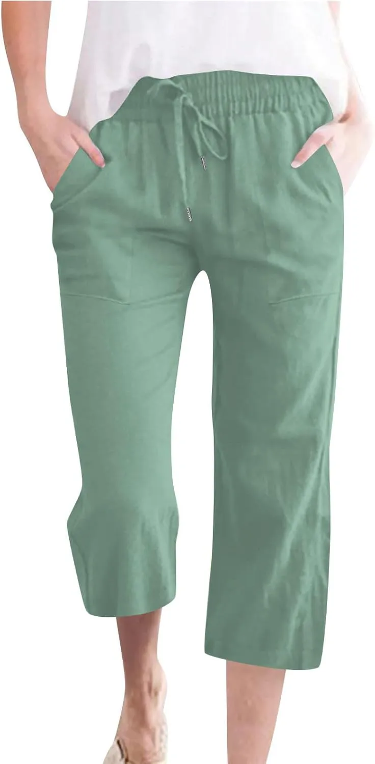 Linen Capri Pants for Women Cotton Lounge Summer Capris Drawstring High Waist Pant Wide Leg Cropped Trousers