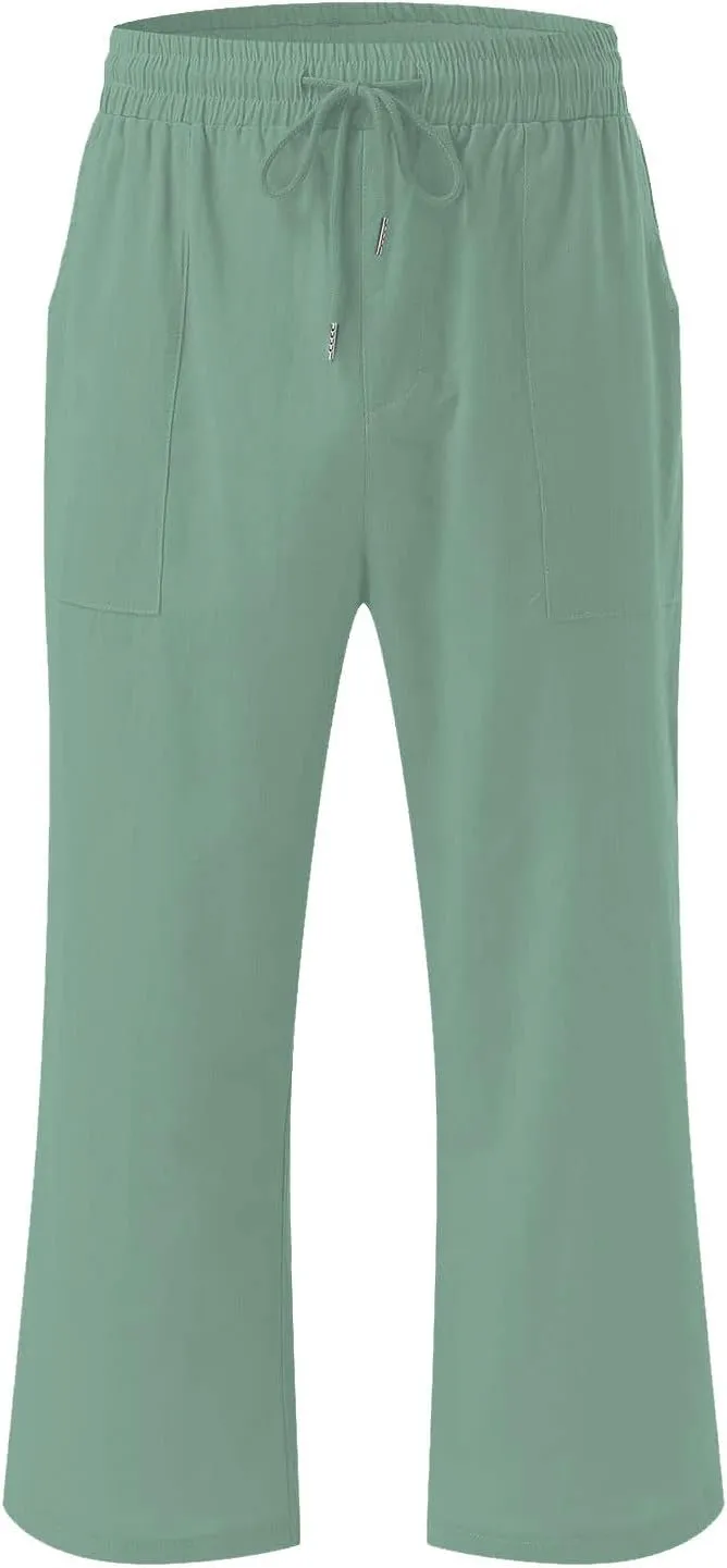 Linen Capri Pants for Women Cotton Lounge Summer Capris Drawstring High Waist Pant Wide Leg Cropped Trousers