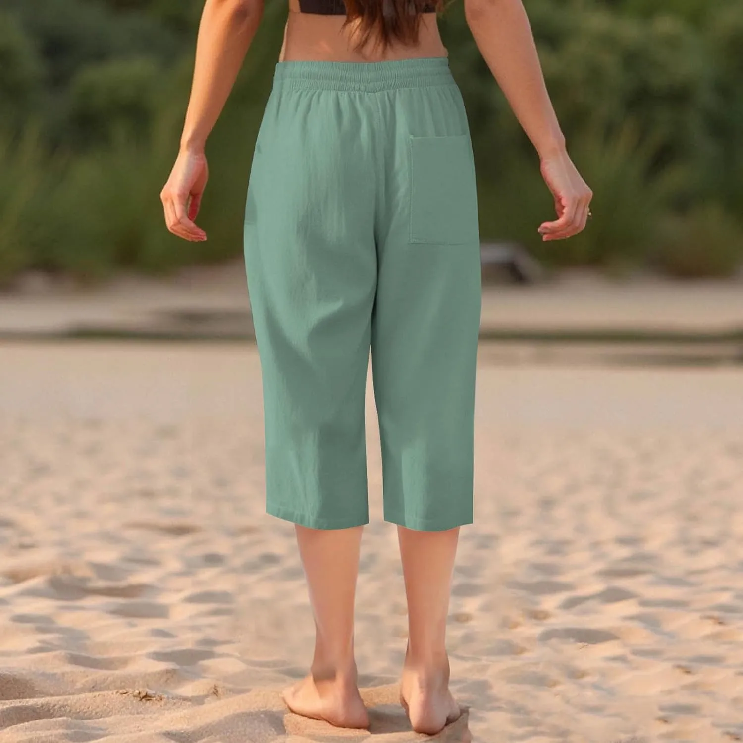 Linen Capri Pants for Women Cotton Lounge Summer Capris Drawstring High Waist Pant Wide Leg Cropped Trousers
