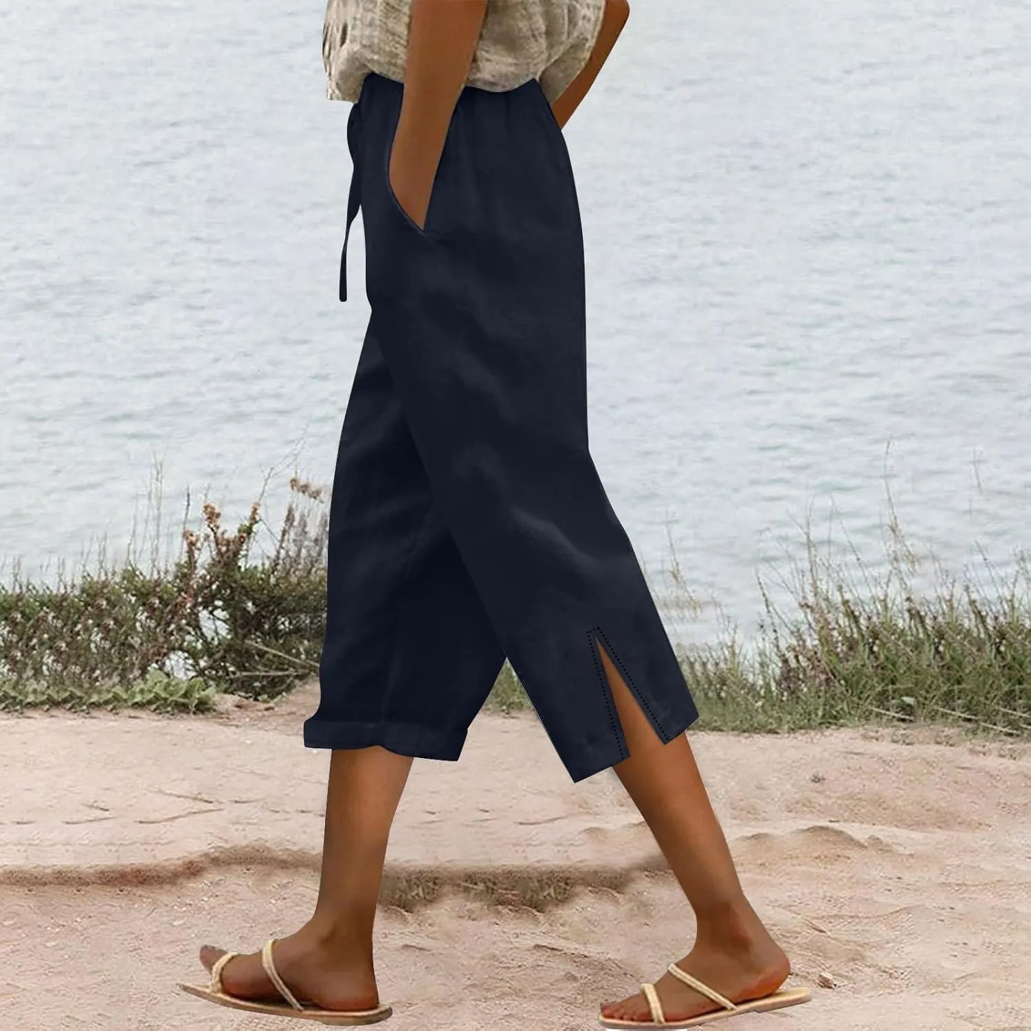 Linen Capris Pants for Women 2025 Summer High Waist Elastic Straight Leg Trousers Casual Beach Loose Fit Lounge Wear