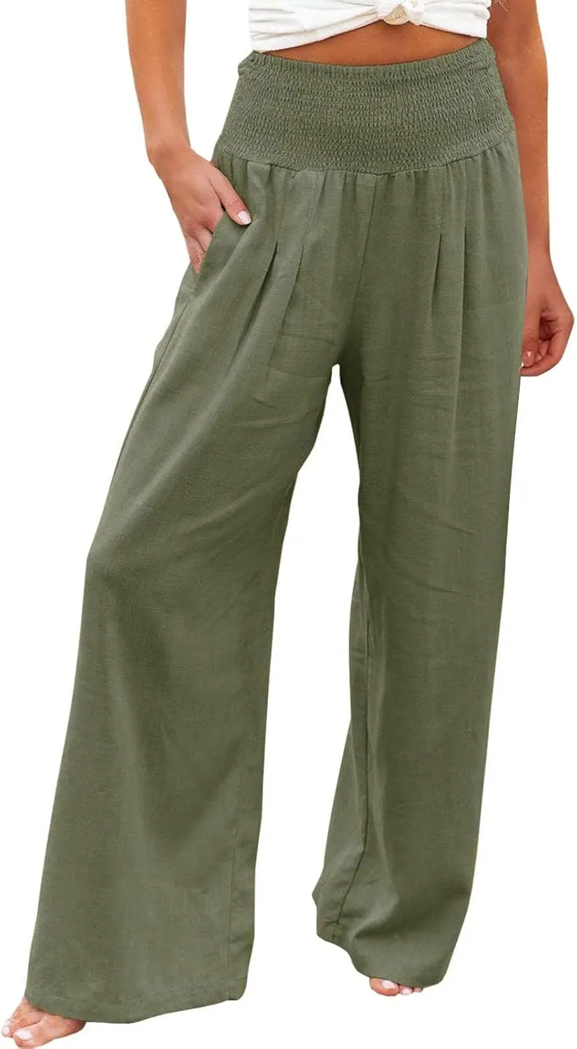 Linen Palazzo Pants For Women Summer Boho Wide Leg High Waist Trousers Casual Lounge Pants Trousers with Pockets