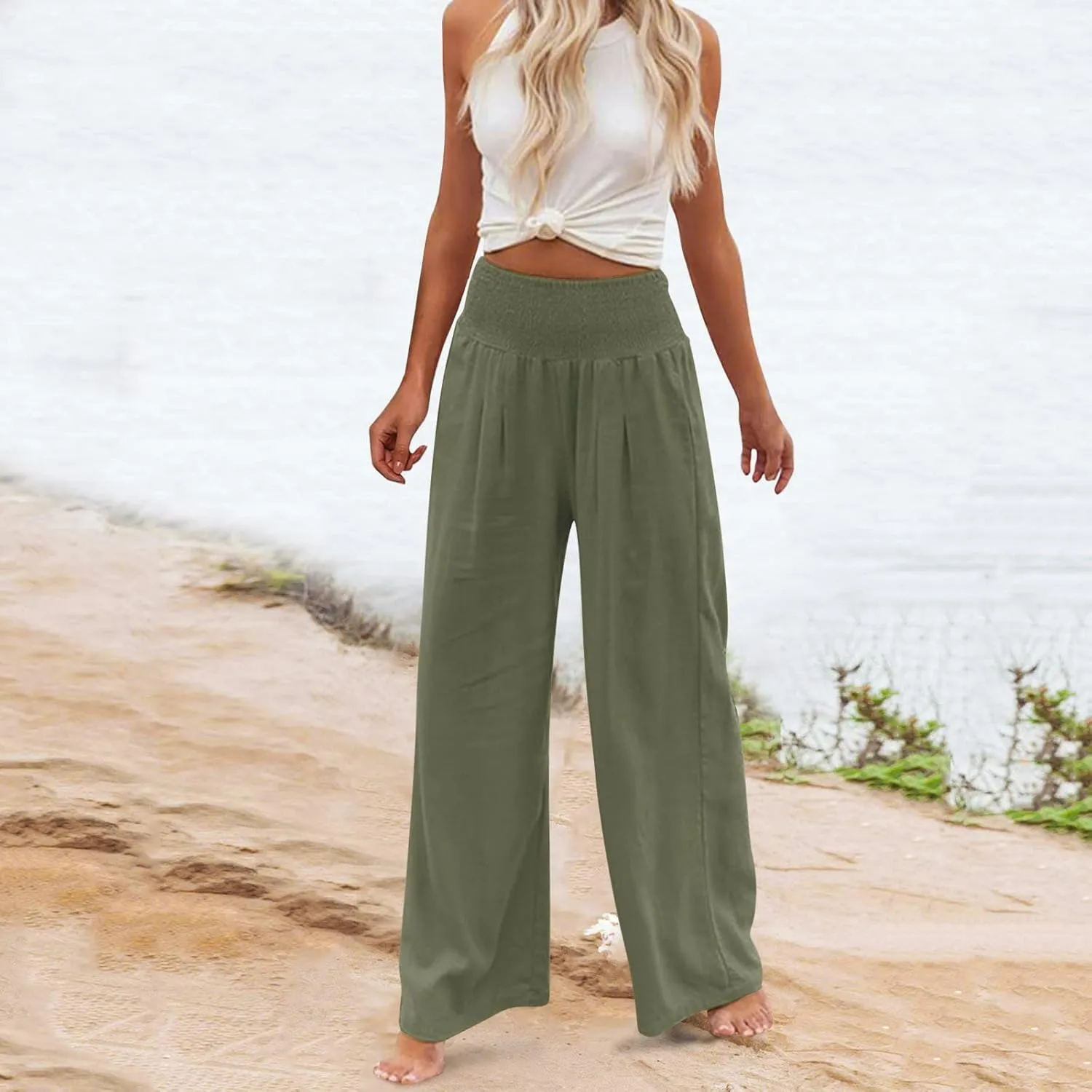 Linen Palazzo Pants For Women Summer Boho Wide Leg High Waist Trousers Casual Lounge Pants Trousers with Pockets