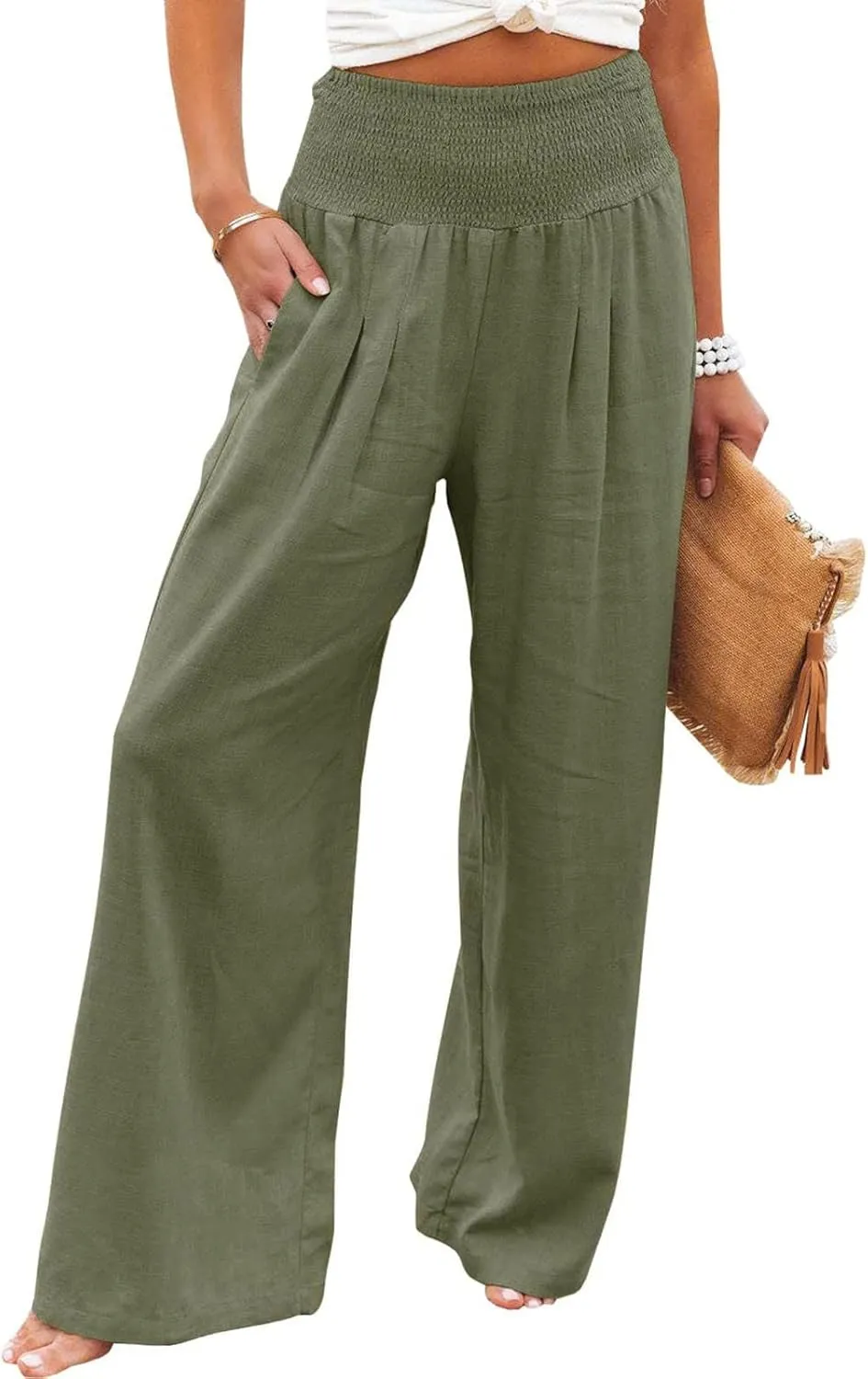 Linen Palazzo Pants For Women Summer Boho Wide Leg High Waist Trousers Casual Lounge Pants Trousers with Pockets