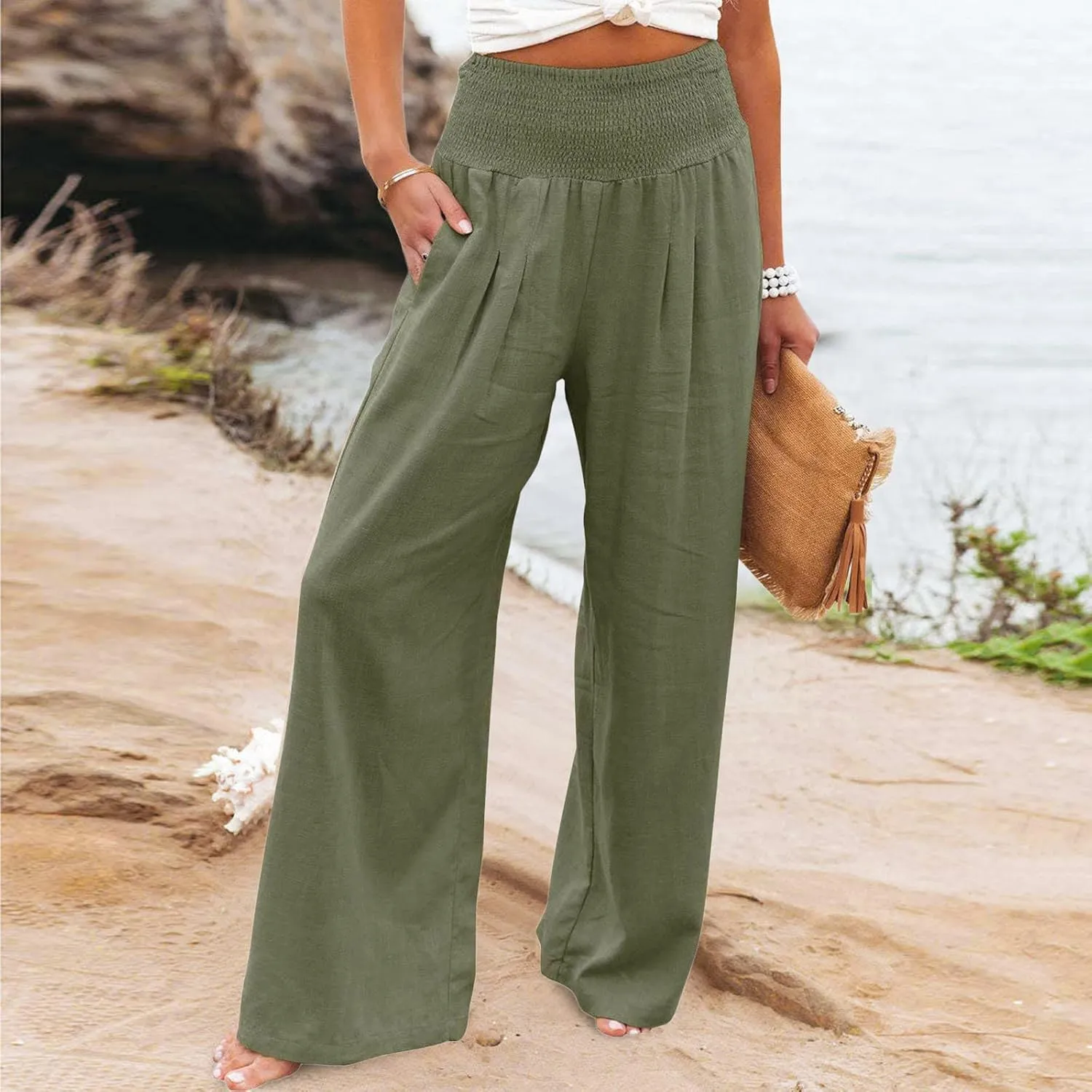 Linen Palazzo Pants For Women Summer Boho Wide Leg High Waist Trousers Casual Lounge Pants Trousers with Pockets