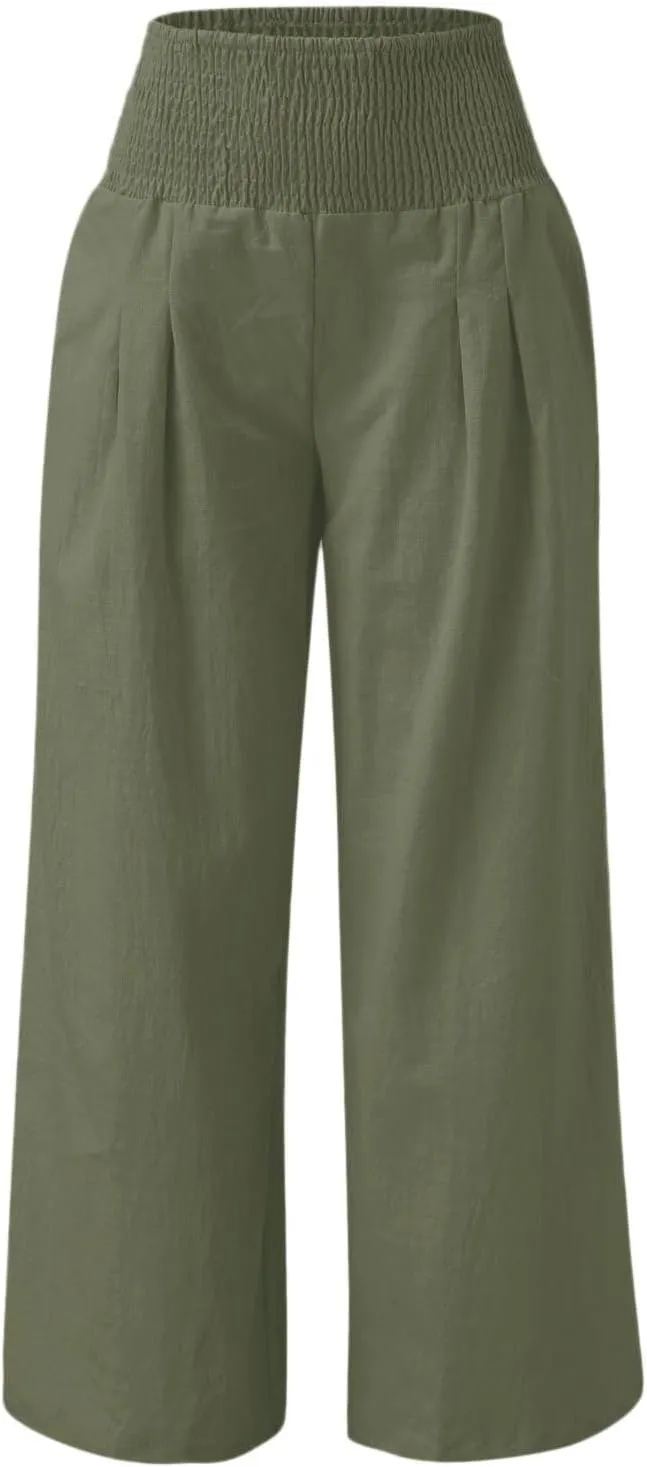 Linen Palazzo Pants For Women Summer Boho Wide Leg High Waist Trousers Casual Lounge Pants Trousers with Pockets