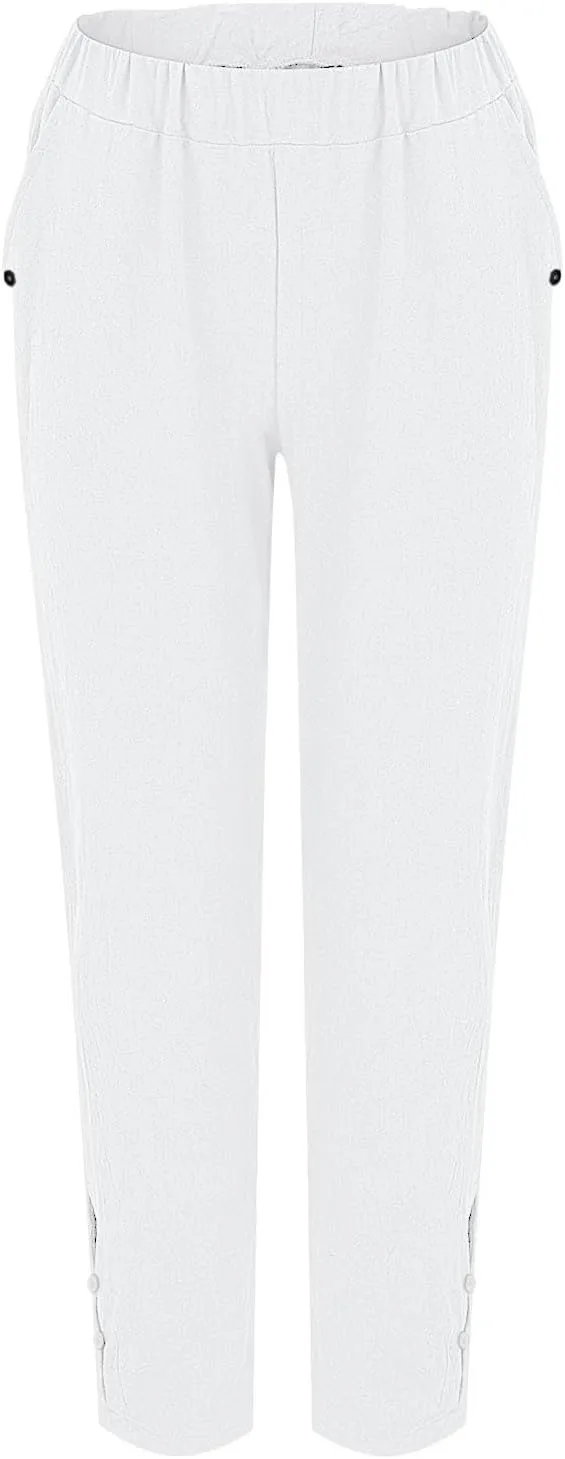 Linen Pants for Women High Waist Hollow Out Cropped Trousers Loose Summer Beach Cropped Pants with Pockets