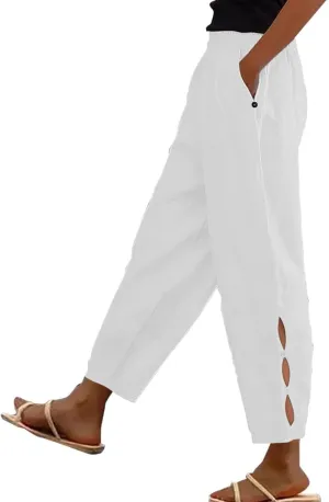 Linen Pants for Women High Waist Hollow Out Cropped Trousers Loose Summer Beach Cropped Pants with Pockets