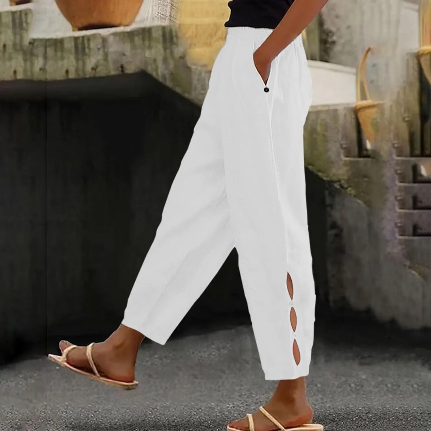 Linen Pants for Women High Waist Hollow Out Cropped Trousers Loose Summer Beach Cropped Pants with Pockets