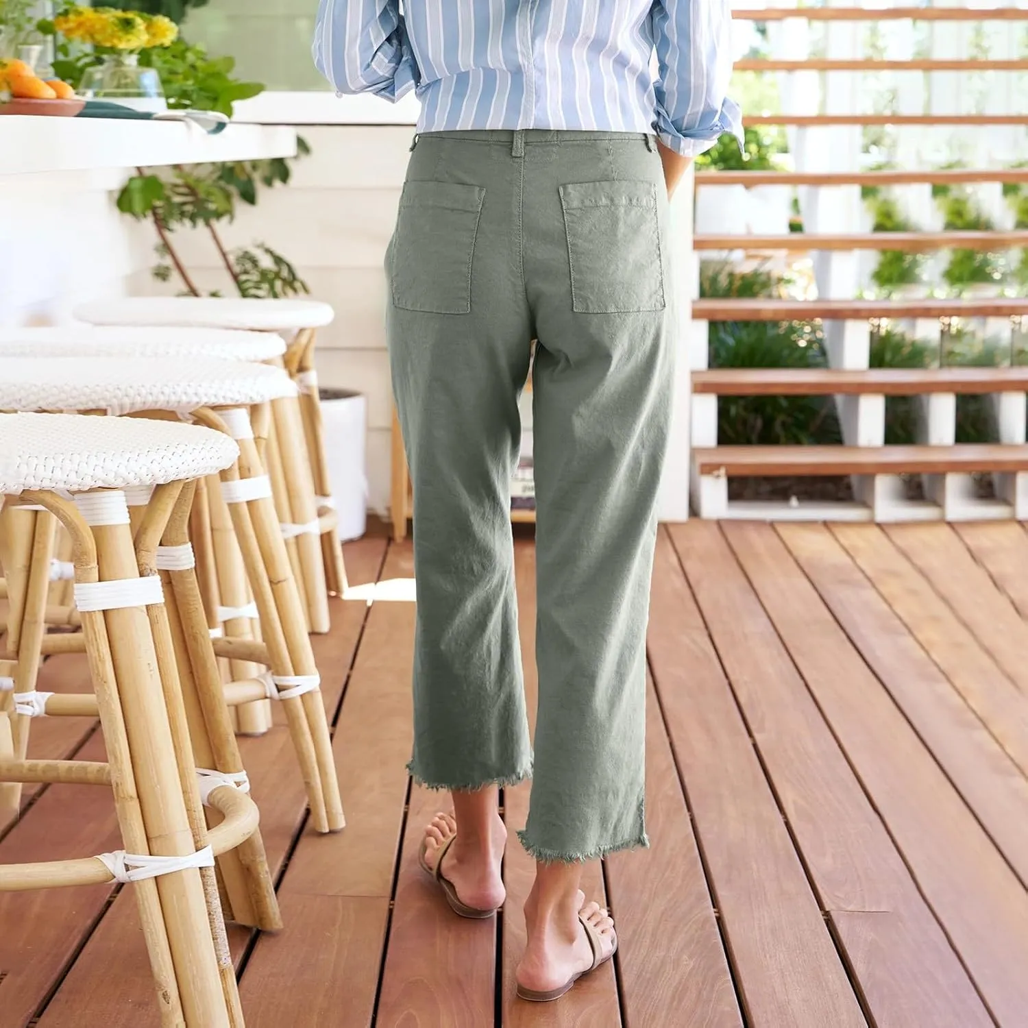 Linen Pants for Women, Straight Leg Casual Pants Drawstring Linen Peasant Teacher