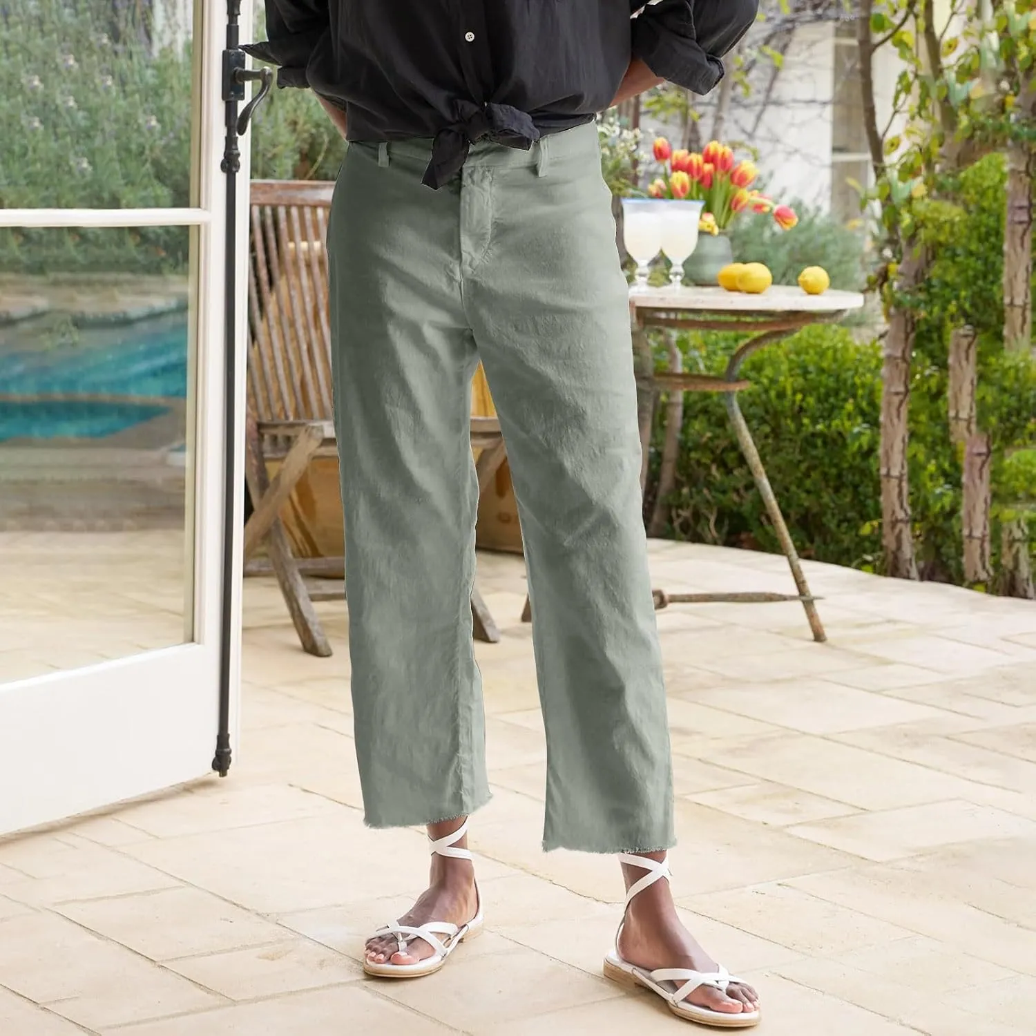 Linen Pants for Women, Straight Leg Casual Pants Drawstring Linen Peasant Teacher