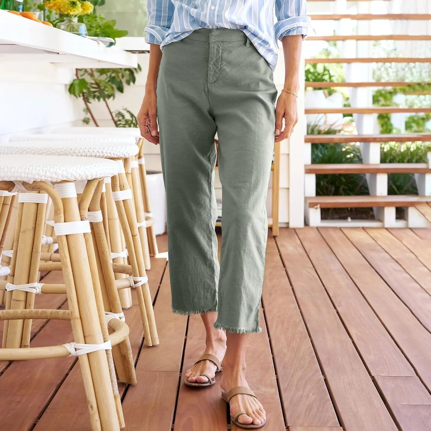Linen Pants for Women, Straight Leg Casual Pants Drawstring Linen Peasant Teacher