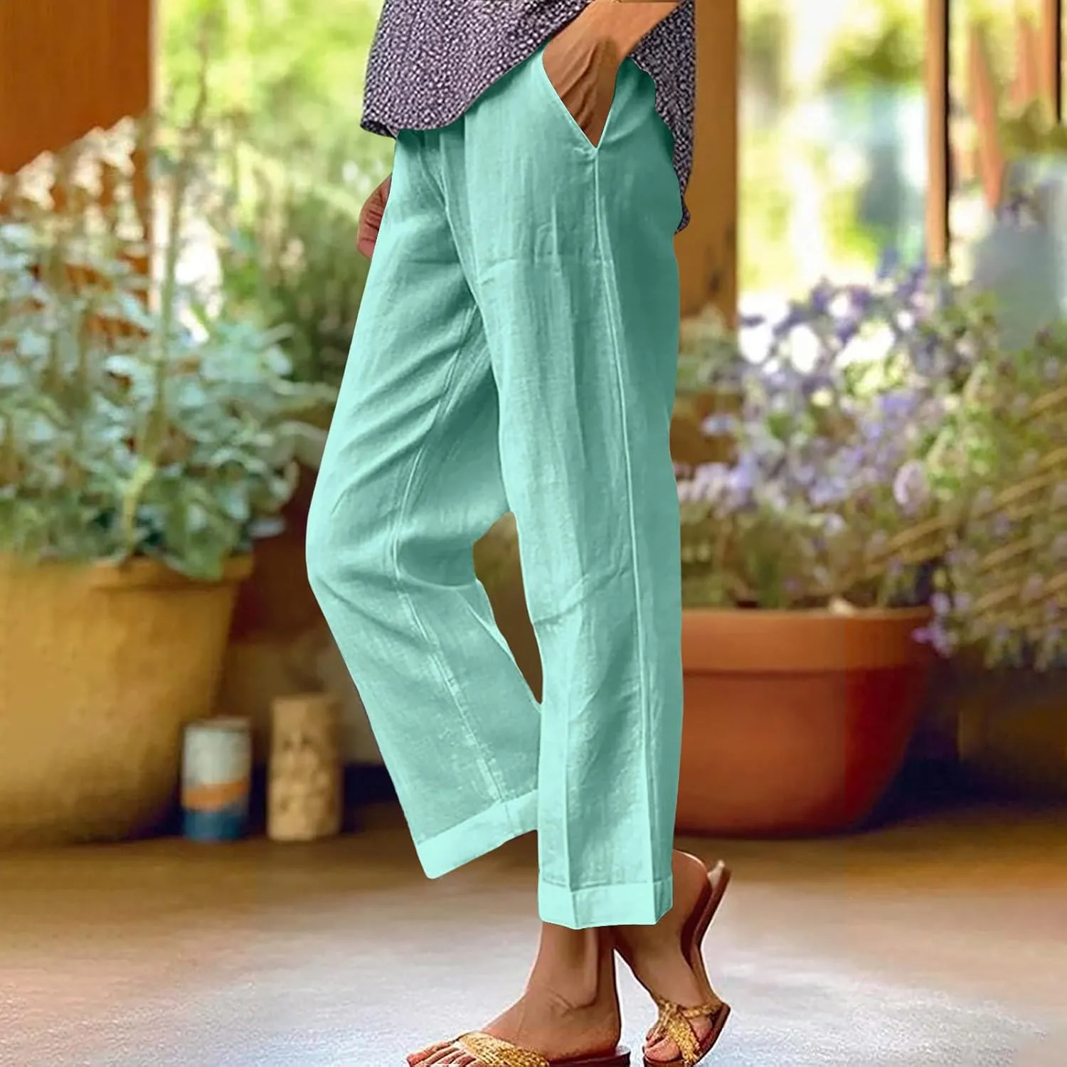 Linen Pants for Women Summer Beach Casual Wide Leg Pants Loose Fit High Waisted Long Trousers with Pockets 2025