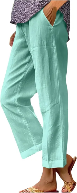 Linen Pants for Women Summer Beach Casual Wide Leg Pants Loose Fit High Waisted Long Trousers with Pockets 2025