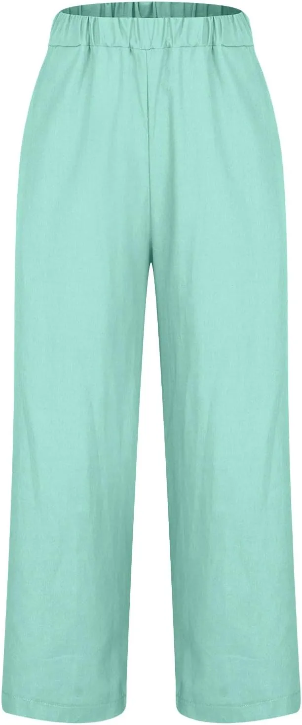 Linen Pants for Women Summer Beach Casual Wide Leg Pants Loose Fit High Waisted Long Trousers with Pockets 2025