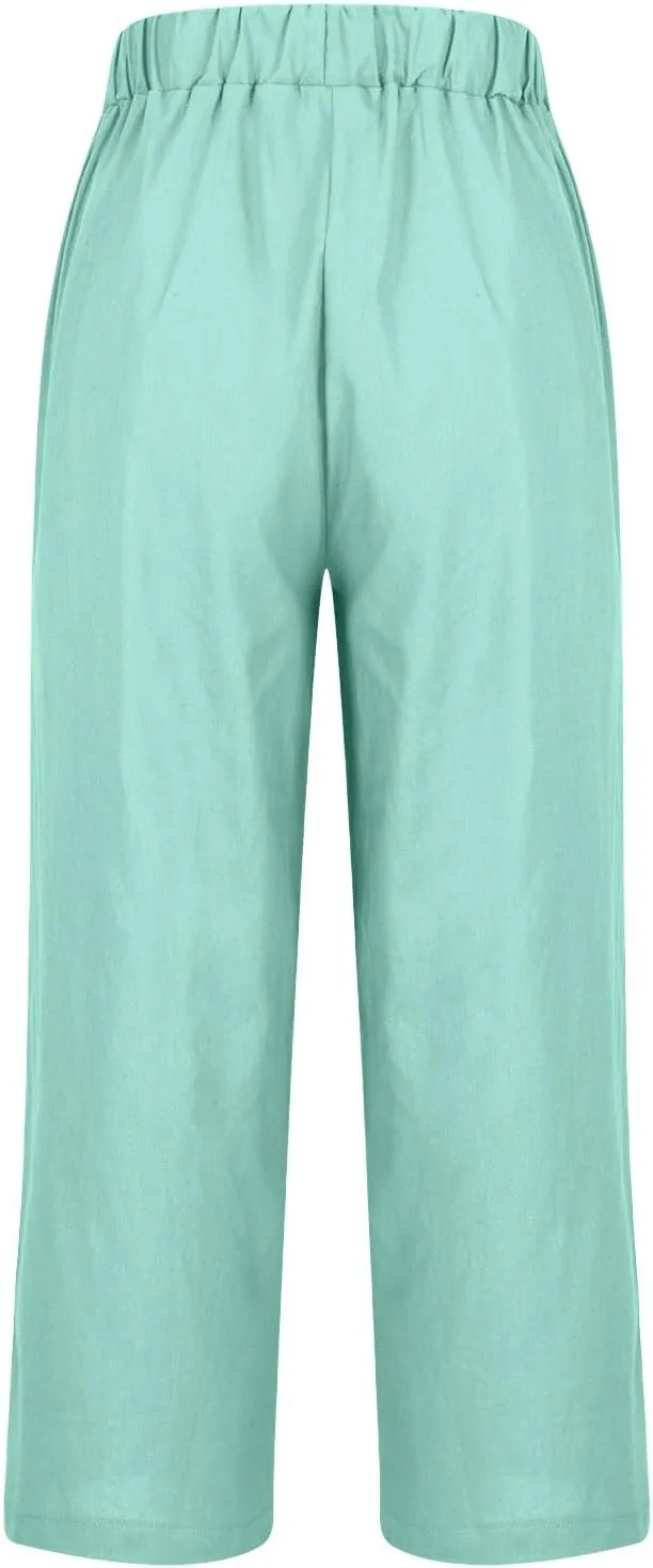 Linen Pants for Women Summer Beach Casual Wide Leg Pants Loose Fit High Waisted Long Trousers with Pockets 2025
