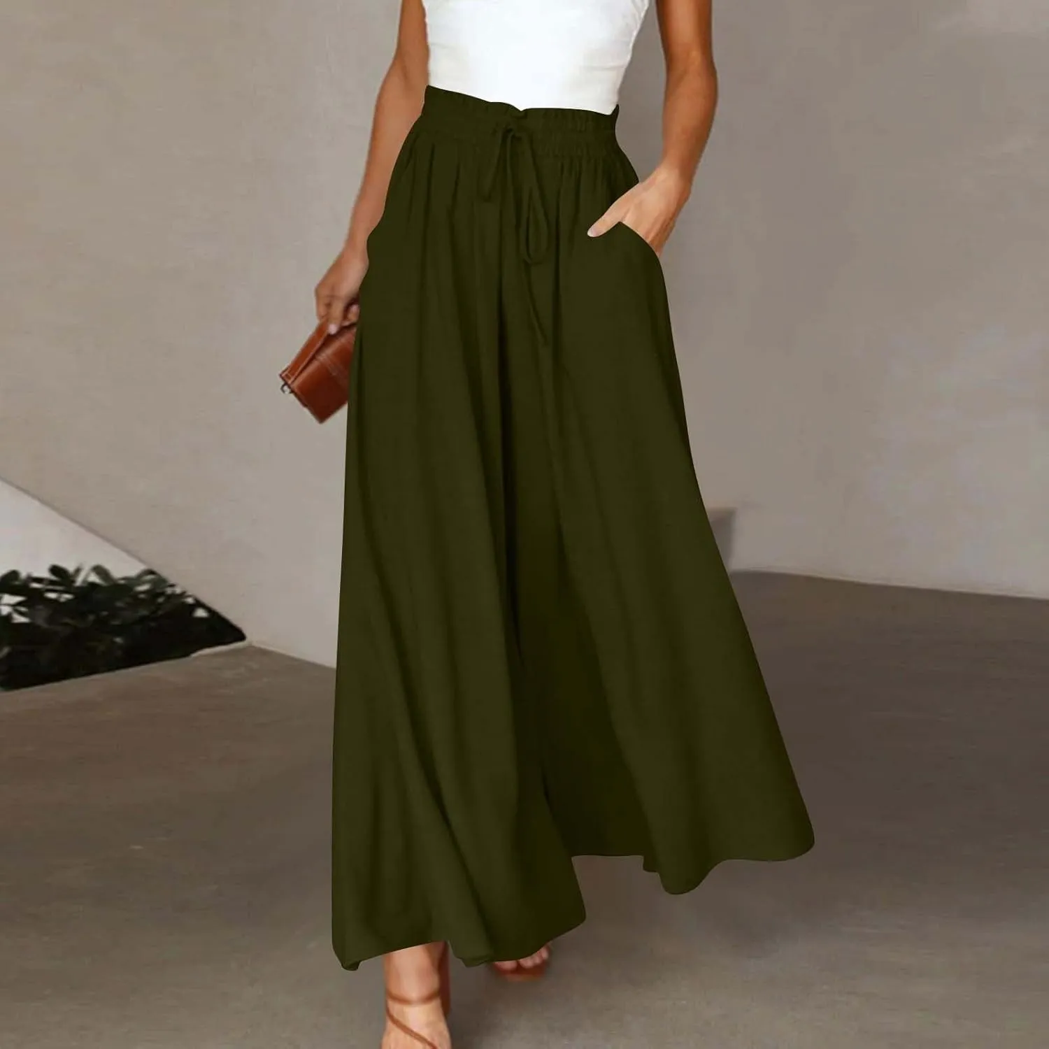 Linen Pants for Women Summer Drawstring Wide Leg Pants Flowy High Waisted Pant Loose Casual Palazzo Pant