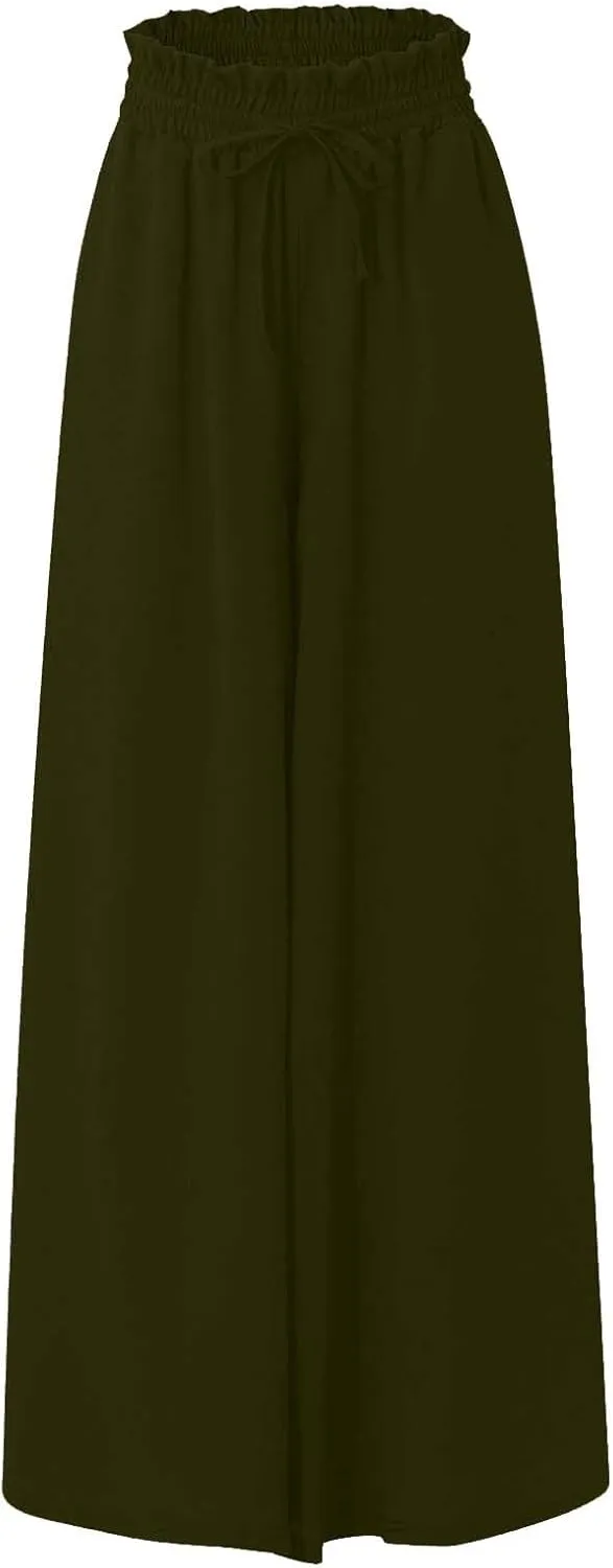 Linen Pants for Women Summer Drawstring Wide Leg Pants Flowy High Waisted Pant Loose Casual Palazzo Pant