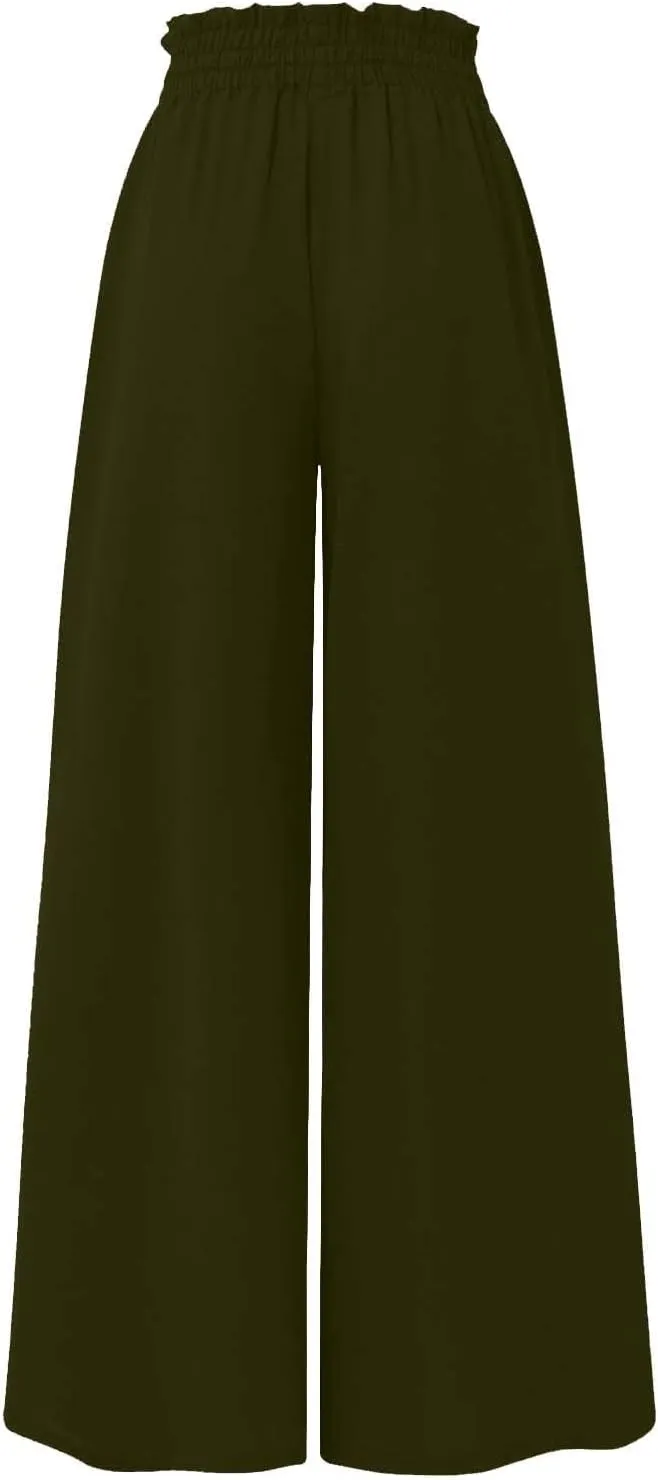 Linen Pants for Women Summer Drawstring Wide Leg Pants Flowy High Waisted Pant Loose Casual Palazzo Pant