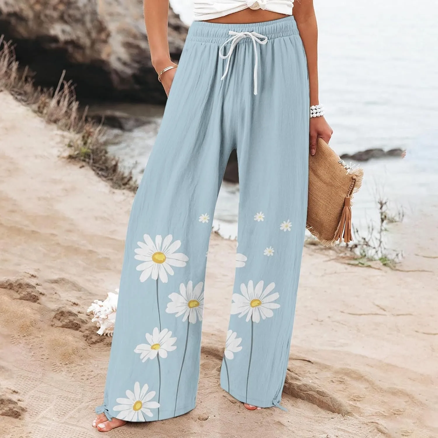 Linen Pants for Women Summer Wide Leg Retro Printed Drawstring Casual Palazzo Pants Beach Yoga Clothes with Pockets
