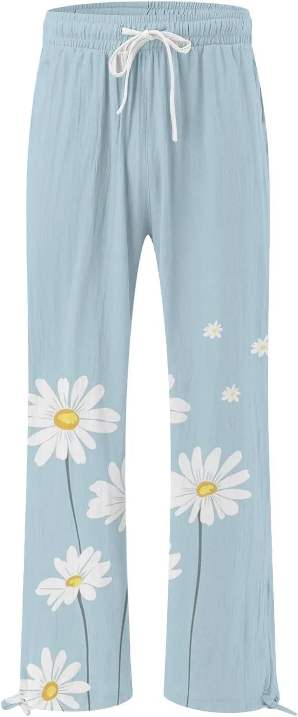 Linen Pants for Women Summer Wide Leg Retro Printed Drawstring Casual Palazzo Pants Beach Yoga Clothes with Pockets