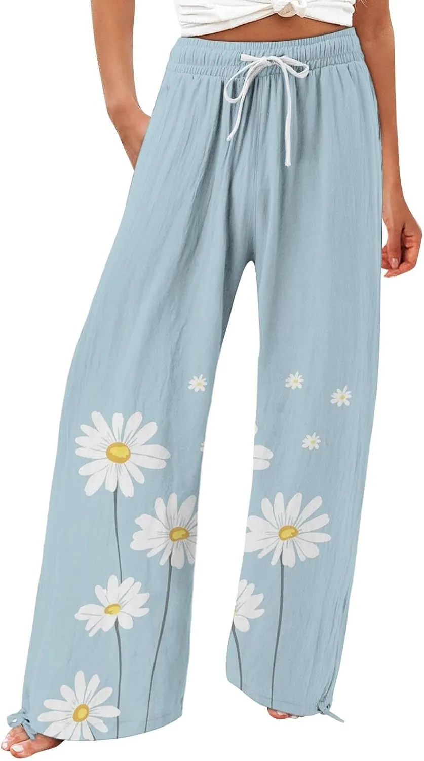 Linen Pants for Women Summer Wide Leg Retro Printed Drawstring Casual Palazzo Pants Beach Yoga Clothes with Pockets