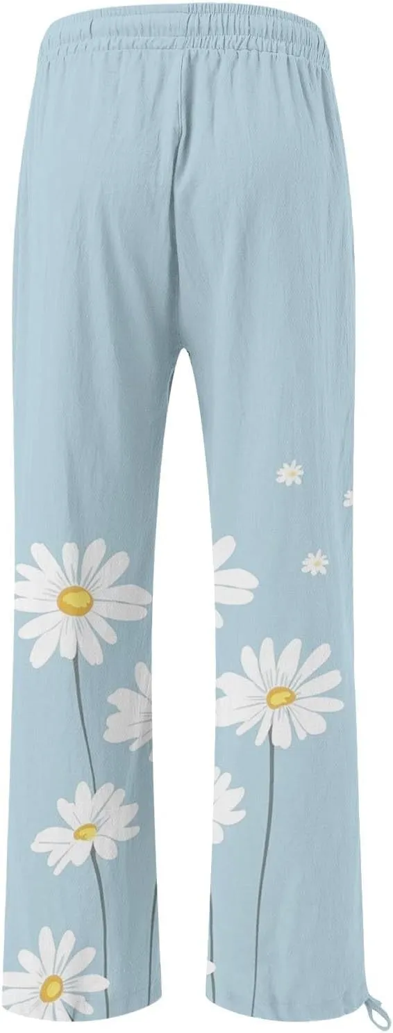 Linen Pants for Women Summer Wide Leg Retro Printed Drawstring Casual Palazzo Pants Beach Yoga Clothes with Pockets