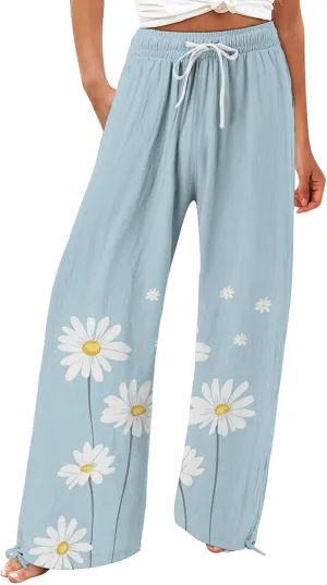 Linen Pants for Women Summer Wide Leg Retro Printed Drawstring Casual Palazzo Pants Beach Yoga Clothes with Pockets