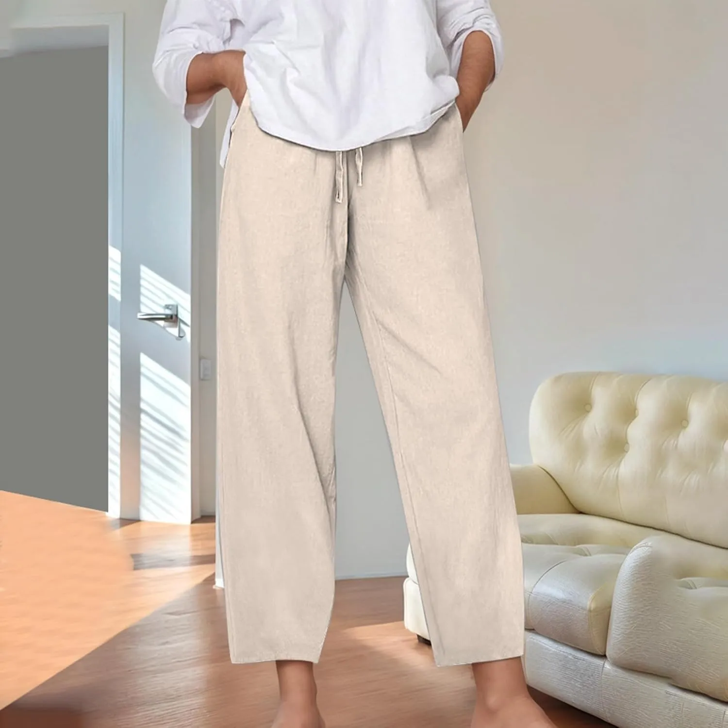Linen Pants Women Loose Fit Summer Casual Solid Color Boho Plus Size High Waist Linen Pants Cotton Comfy Lounge Trousers