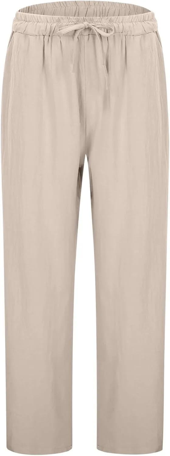 Linen Pants Women Loose Fit Summer Casual Solid Color Boho Plus Size High Waist Linen Pants Cotton Comfy Lounge Trousers