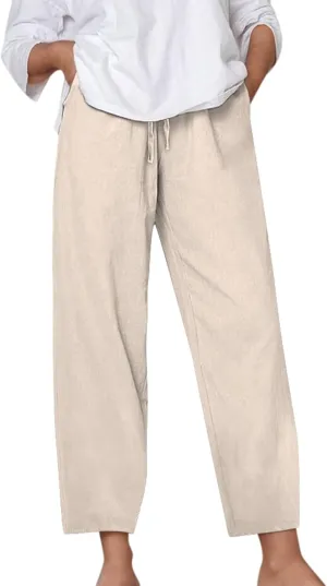 Linen Pants Women Loose Fit Summer Casual Solid Color Boho Plus Size High Waist Linen Pants Cotton Comfy Lounge Trousers