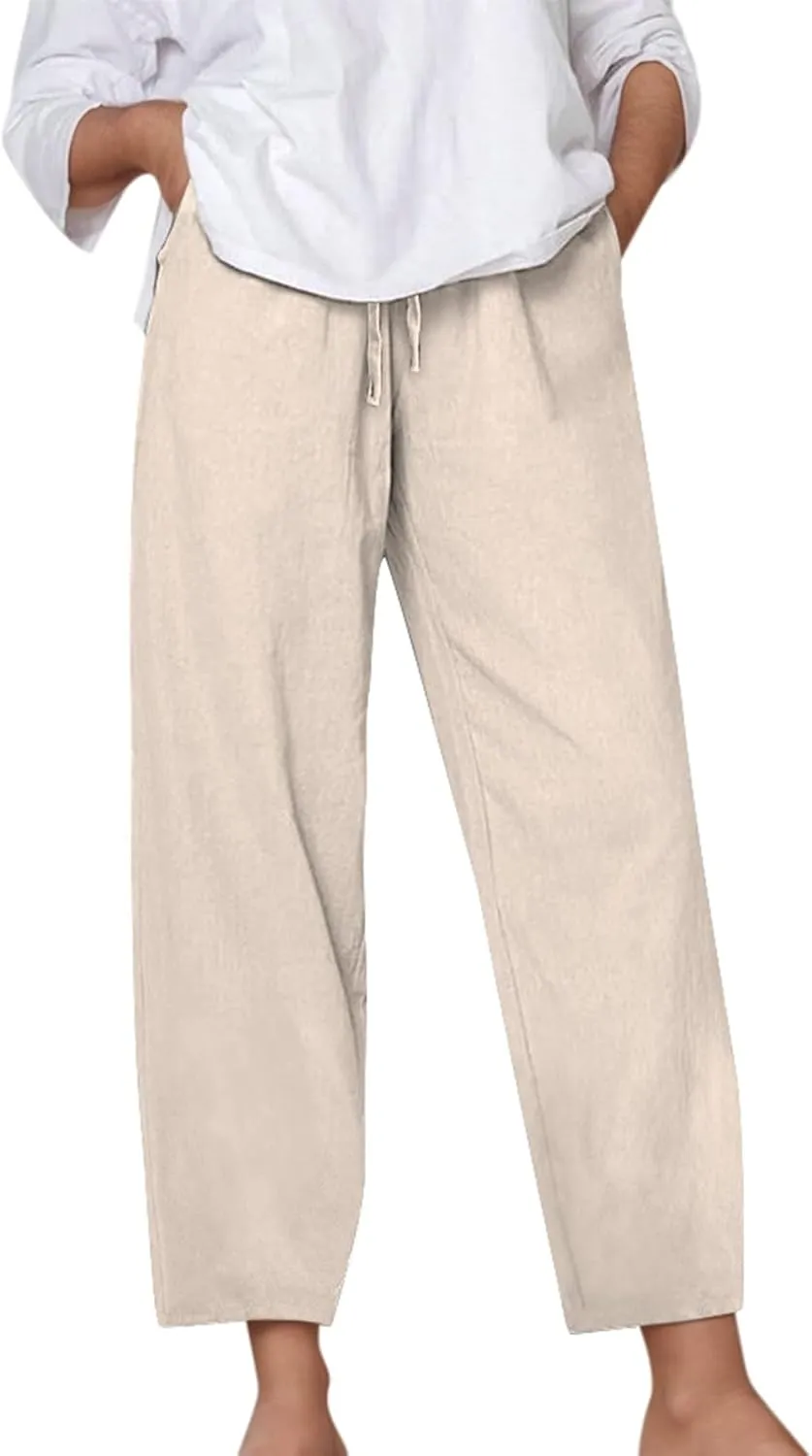 Linen Pants Women Loose Fit Summer Casual Solid Color Boho Plus Size High Waist Linen Pants Cotton Comfy Lounge Trousers
