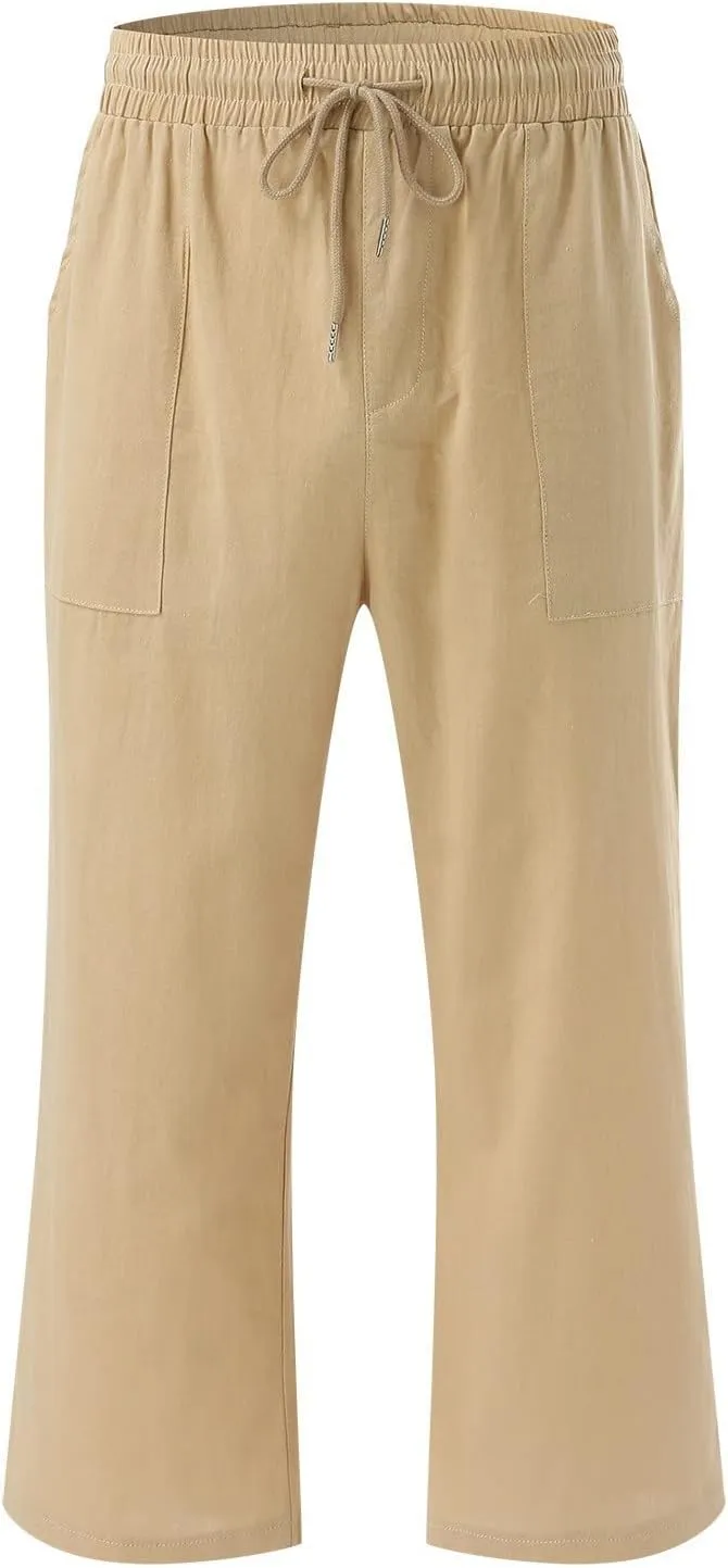 Linen Pants Women Petite Length Women Linen Pants Palazzo Lounge Harem Wide Leg Pants Beach Long Trousers Pockets