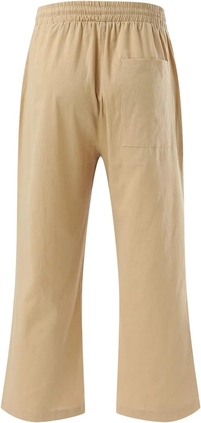 Linen Pants Women Petite Length Women Linen Pants Palazzo Lounge Harem Wide Leg Pants Beach Long Trousers Pockets